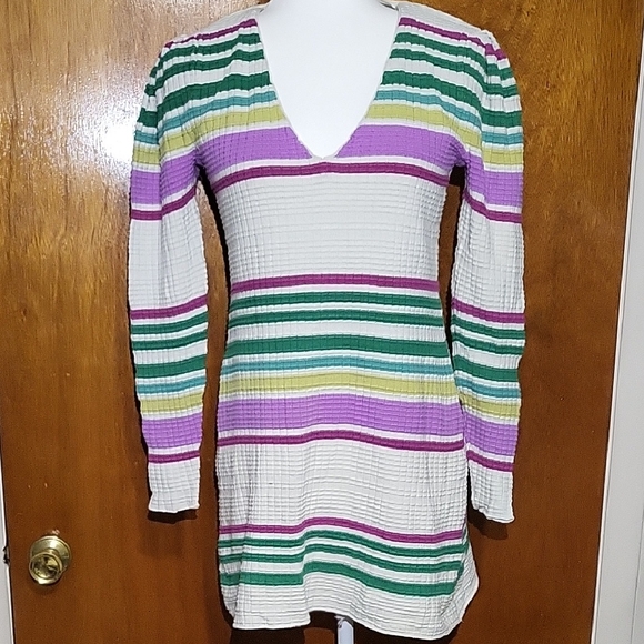 NWOT Free People Gidget Bright Bold Ribbed Textured Deep V-Neck Sweater Dress XS - Picture 1 of 11